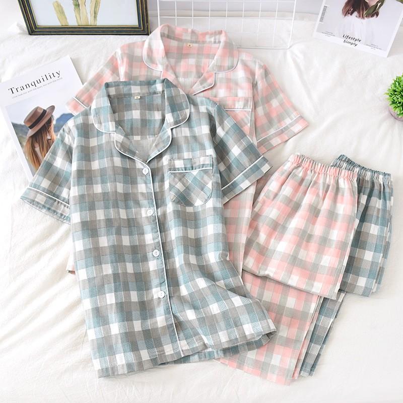 Bộ pyjama nữ vải xô cotton hoạ tiết kẻ caro