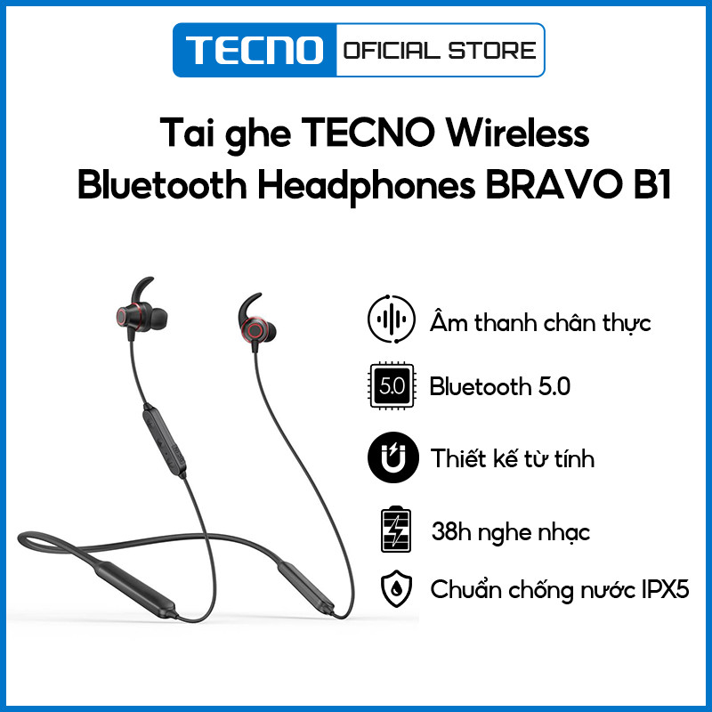 Tai nghe không dây TECNO BRAVO B1 Bluetooth 5.0 | Thiết kế từ tính | 38H nghe nhạc | Chống nước IPX5 - Hàng Chính Hãng