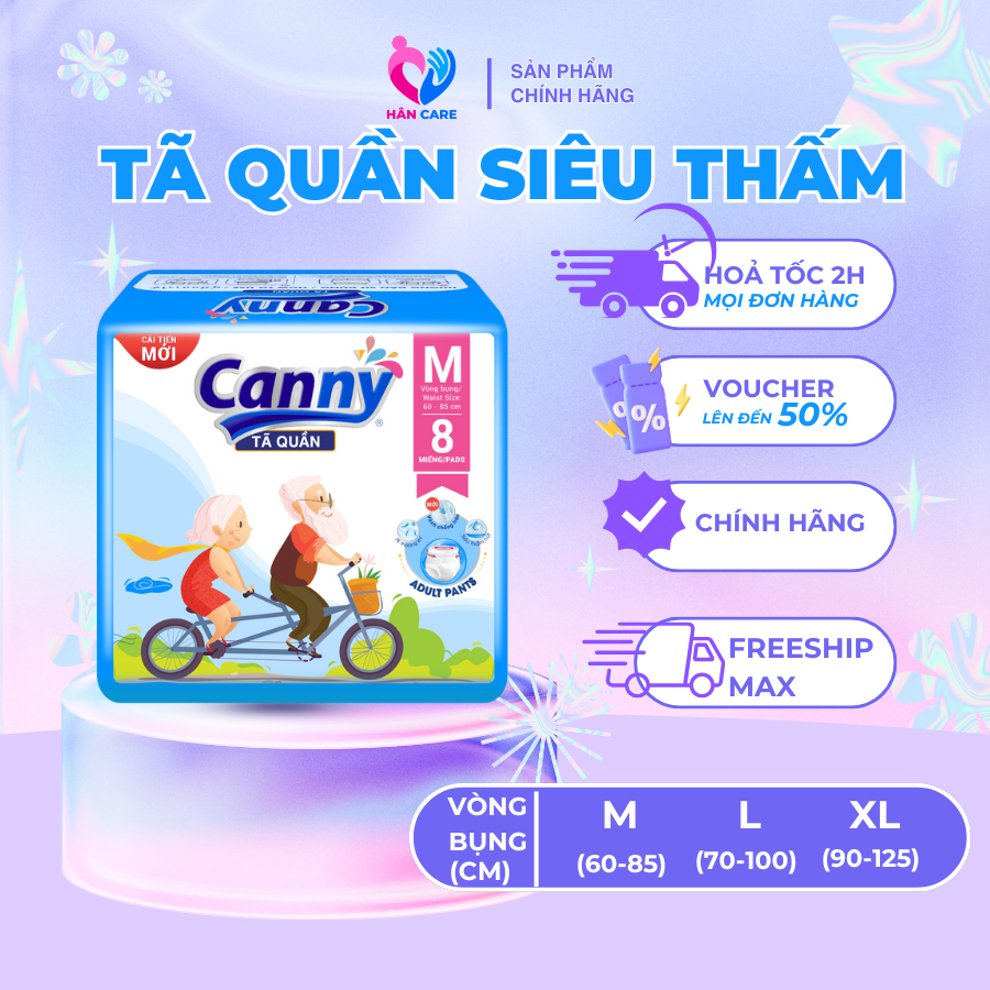 COMBO 10 gói Tã/Bỉm Quần Người Lớn Canny Siêu Mềm, Siêu Thấm, Kháng Khuẩn Size M8, L7, XL7 Miếng)