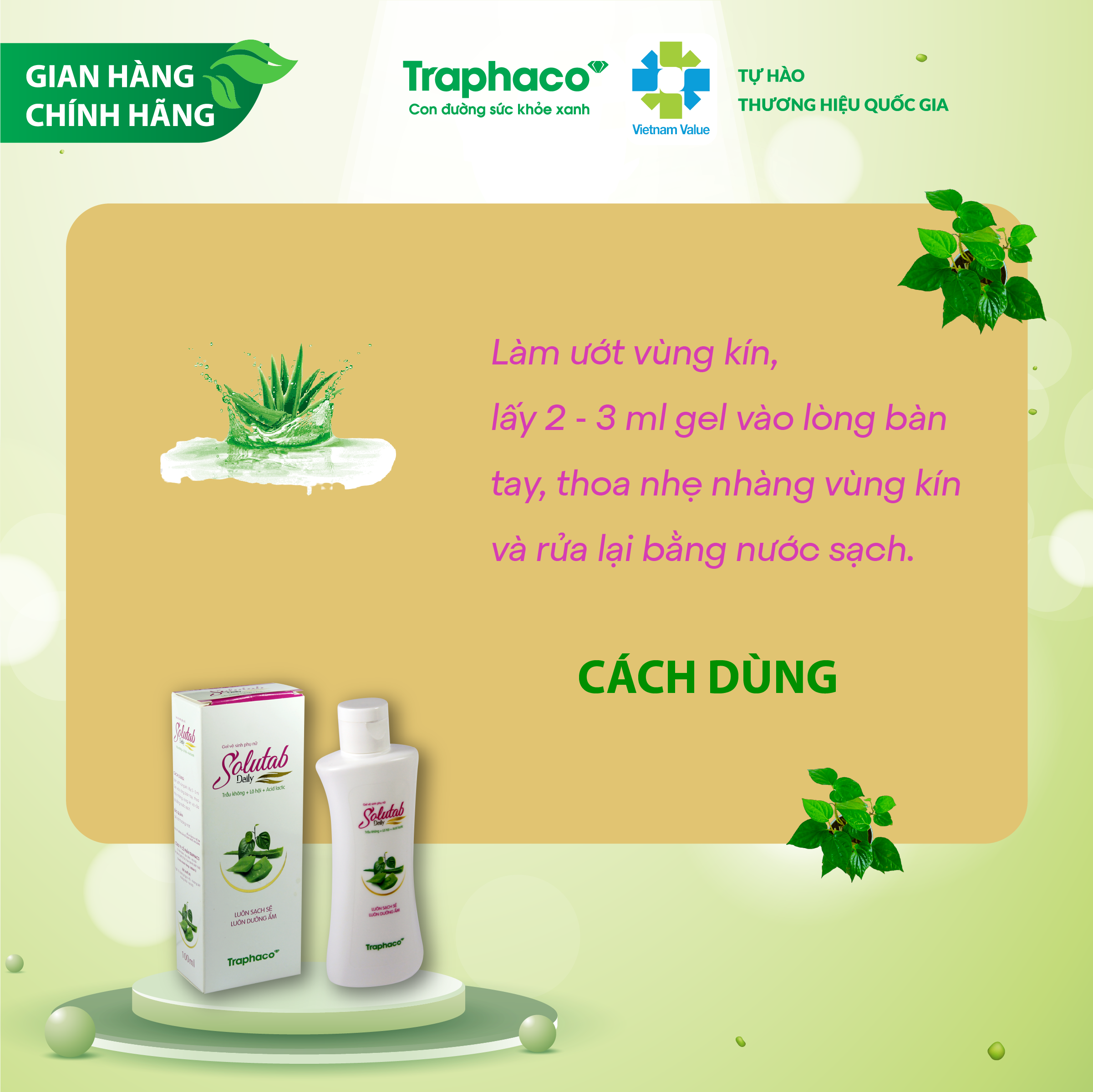 Dung Dịch Vệ Sinh Phụ Nữ SOLUTAB DAILY Traphaco Giúp Khử Mùi, Giảm Viêm Ngứa, Dưỡng Ẩm Mềm Mại, Sạch Thơm Cả Ngày 100ml