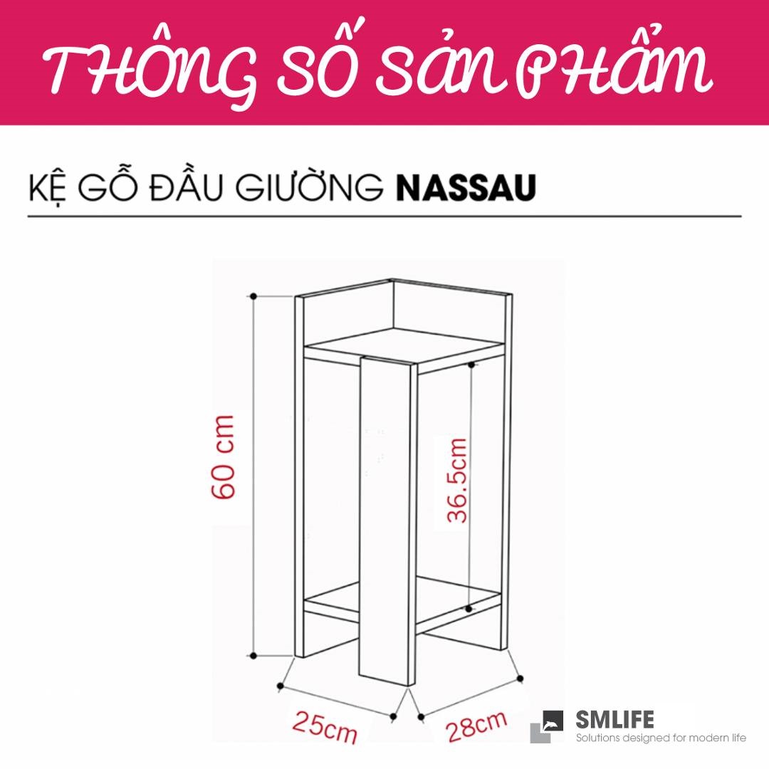 Tủ gỗ đầu giường hiện đại SMLIFE Nassau – Cạnh phải | Gỗ MDF dày 17mm chống ẩm | D25xR27.7xC60cm