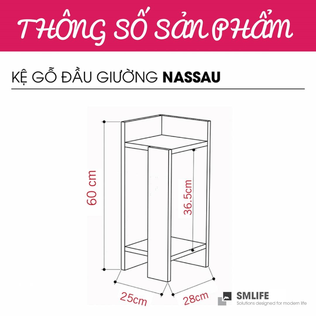 Tủ gỗ đầu giường hiện đại SMLIFE Nassau – Cạnh phải  | Gỗ MDF dày 17mm chống ẩm | D25xR27.7xC60cm