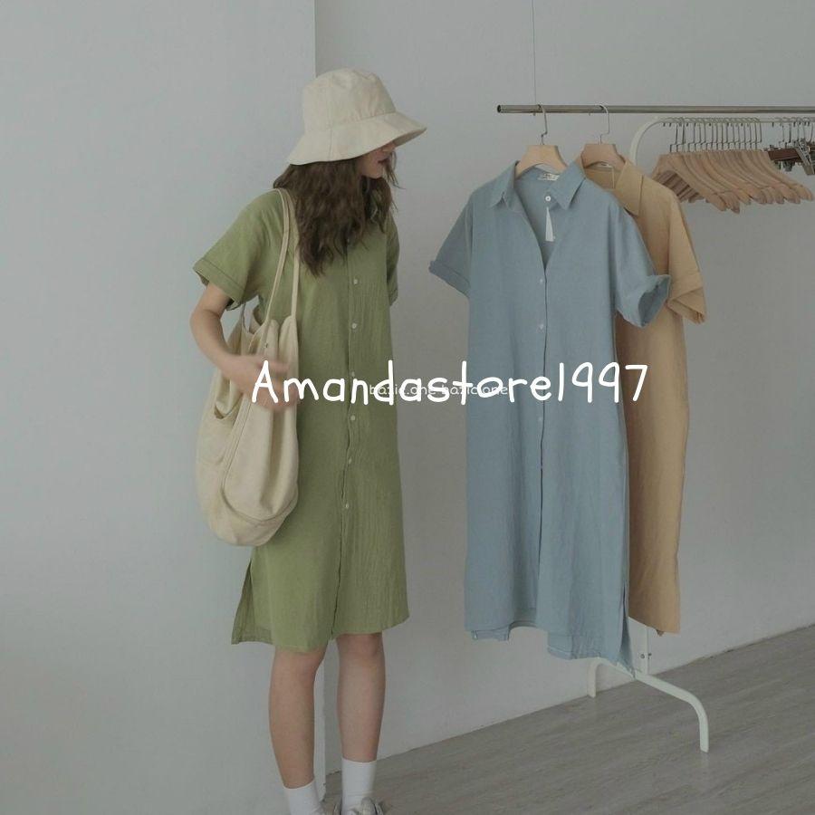 {Amanda} Váy sơ mi cộc tay from rộng vạt lệch hàn quốc, dây thắt nơ eo
