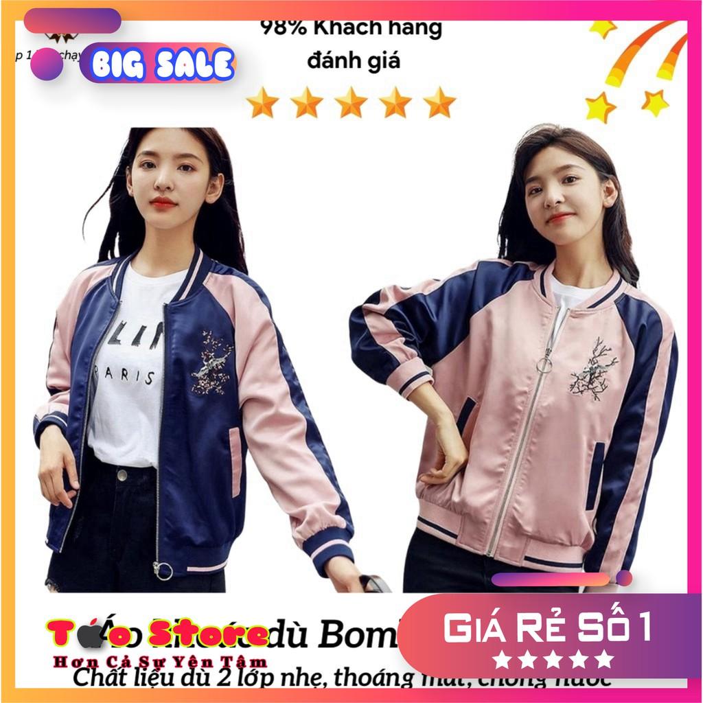 Áo khoác dù Bomber dây kéo KD14 thêu hoa anh đào, form Hàn Quốc unisex cho nam nữ, chất liệu Dù cao cấp