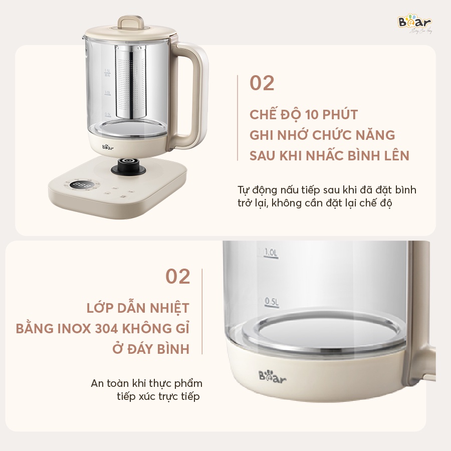 Bình Pha Trà Sothing Bear SB-PT15K 1000W Ấm Thủy Tinh Đun Nước Giữ Nhiệt Hẹn Giờ Có Lõi Lọc- Hàng Chính Hãng