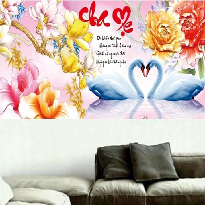 Tranh đá cha mẹ thiên nga LV090 - kích thước: 100 * 50cm.