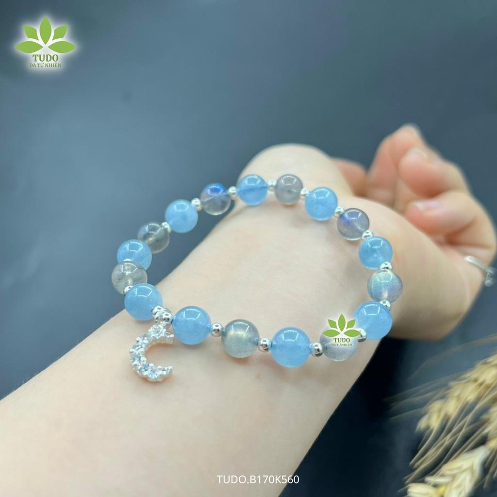 Vòng Tay Bạc Nữ Charm Bạc Mặt Trăng TUDO B170K560 Aqua, Xà Cừ cho Mệnh Thủy Mộc