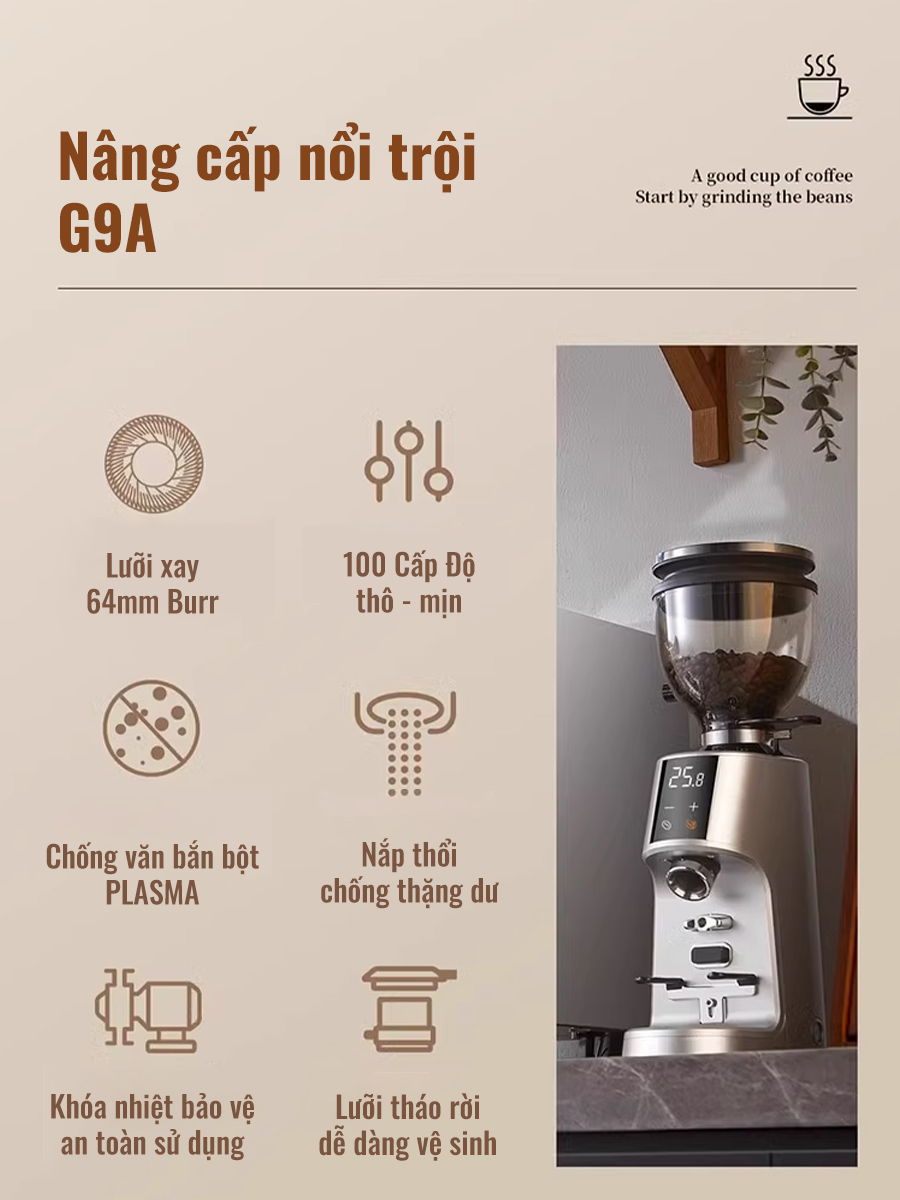 Máy Xay Cà Phê G9A Tự Động 2 Lập Trình, 100 Cấp Xay Cực Mịn, Thương Mại Chuyên Nghiệp, Bản Nâng Cấp, hàng chính hãng