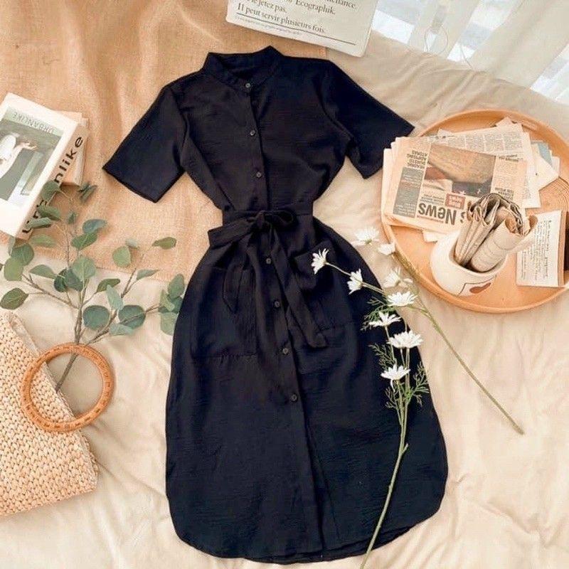 Đầm bầu sơ mi công sở tà bầu cột eo, Váy đầm form gọn cho mẹ mặc trước và sau sinh