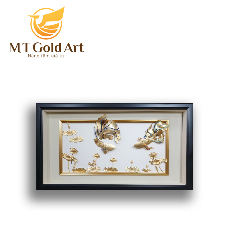 Tranh đôi cá hoa sen dát vàng 24k (50x90cm) MT Gold Art- Hàng chính hãng, trang trí nhà cửa, quà tặng dành cho sếp, đối tác, khách hàng, sự kiện.