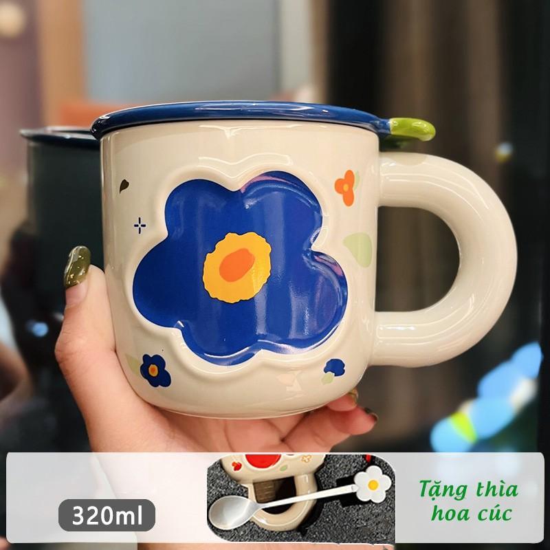 Cốc Sứ Hoa Cúc Có Nắp Tặng Kèm Thìa Bông Hoa Thích Hợp Cafe Văn Phòng, Tặng Quà