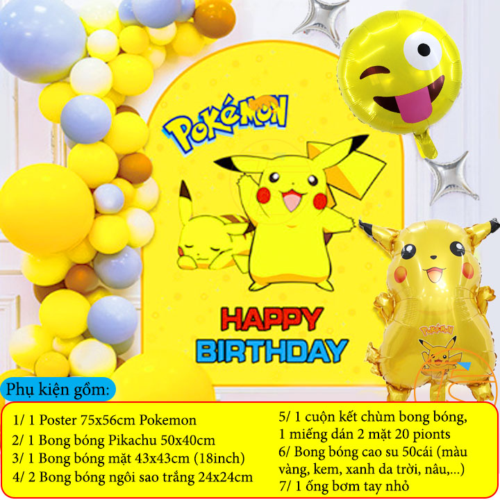 Bộ trang trí sinh nhật happy birthday pokemon - Sét bong bóng trang trí tiệc thôi nôi, đầy tháng cho trẻ