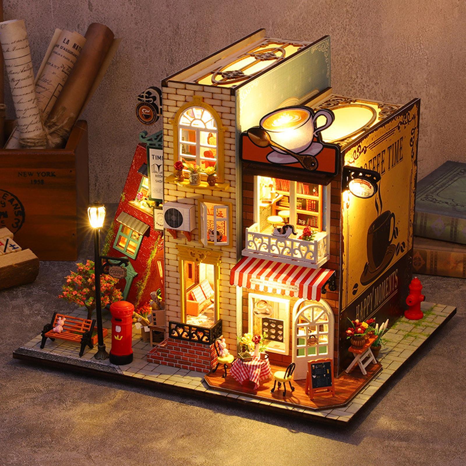 Unfinished Dollhouse DIY Kit with Dustproof Cover Wooden Dollhouse Miniature Kit Creative Room for Shelf Home Living Room Cabinet Decoration