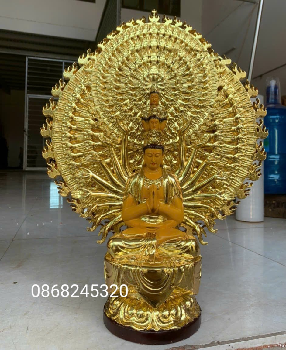 Tượng điêu khắc  phật thiên thủ thiên nhãn ngài nghìn mắt nghìn tay bằng gỗ hương đá sơn pu giả cổ cao cấp kt 61×48×20cm