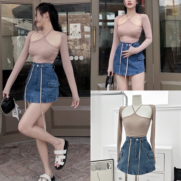 ĐẦM SET ÁO DÂY CỔ YẾM THUN ÔM BODY TAY DÀI MÀU TRƠN CƠ BẢN + CHÂN VÁY NGẮN CHỮ A LƯNG CAO JEANS DENIM ĐI TIỆC DẠO PHỐ ĐI CHƠI ĐI BIỂN