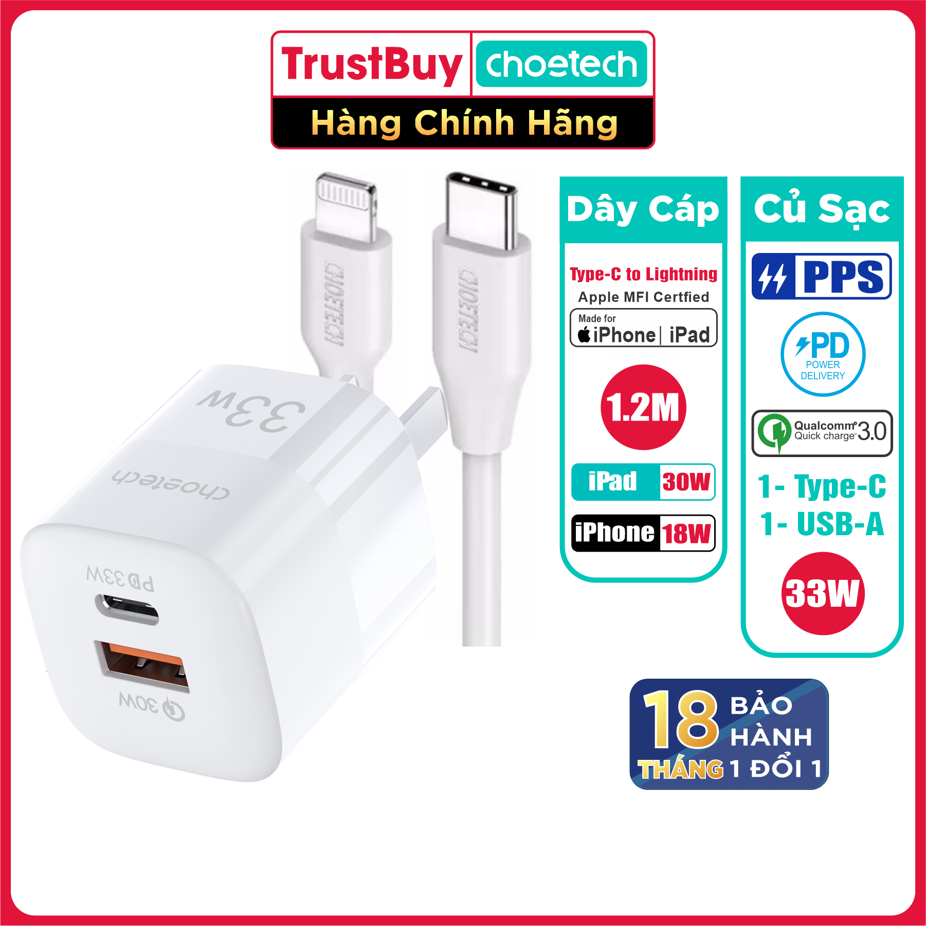 Bộ Củ Sạc Nhanh 33W Cho iPhone iPad CHOETECH PD5006 Và Cáp Type C to Lightning IP0040 Chứng Nhận MFI Dài 1.2M - Hàng Chính Hãng