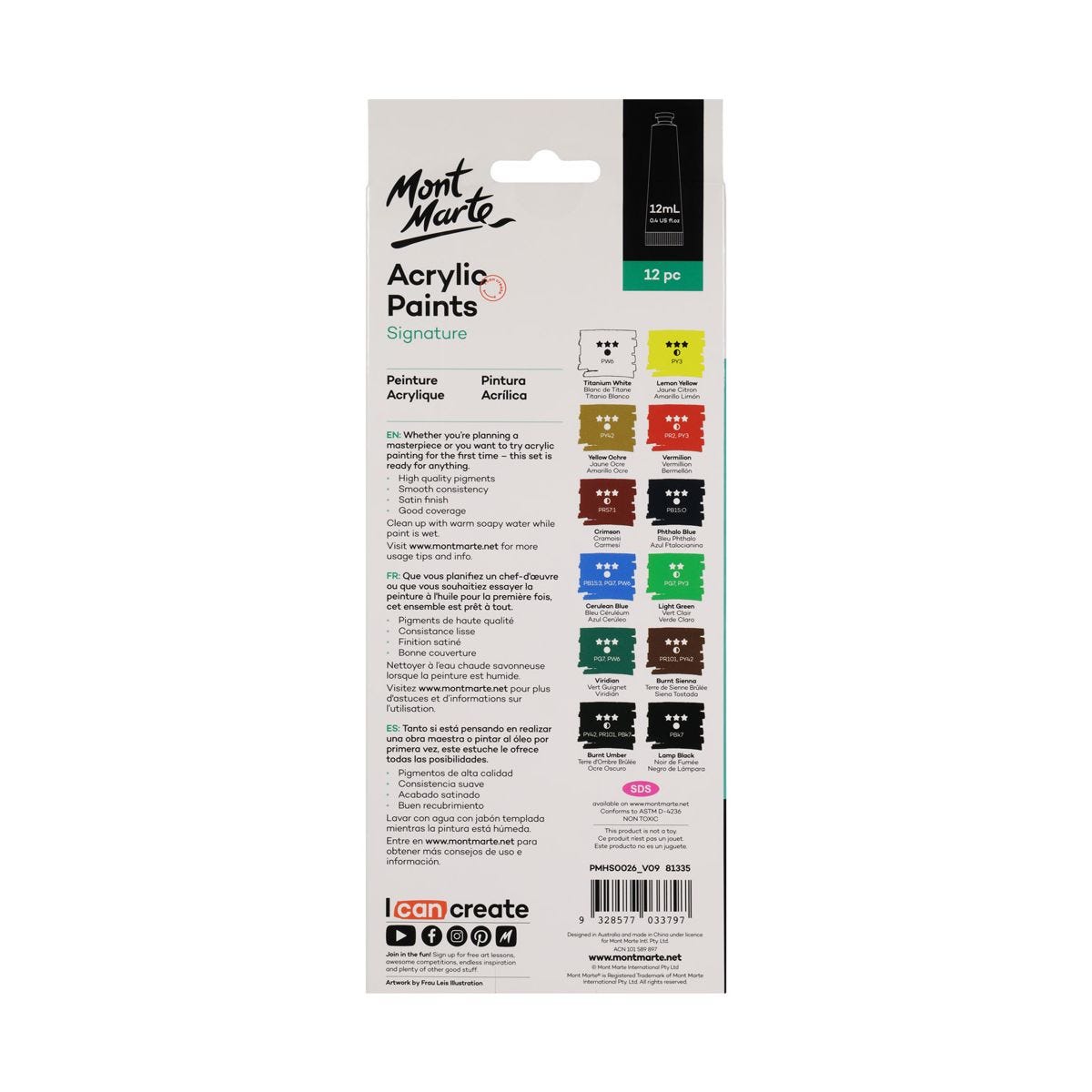 Bộ Màu Vẽ Acrylic Mont Marte 12/18 Màu x 12ml - Acrylic Paints Signature - PMHS0026/PMHS0033