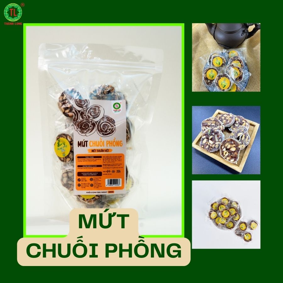 Mứt Chuối Tươi Phồng, Kẹo Chuối Đậu Phộng Cuộn Bánh Phồng Dẻo Thơm Ngon Thành Long 200gr