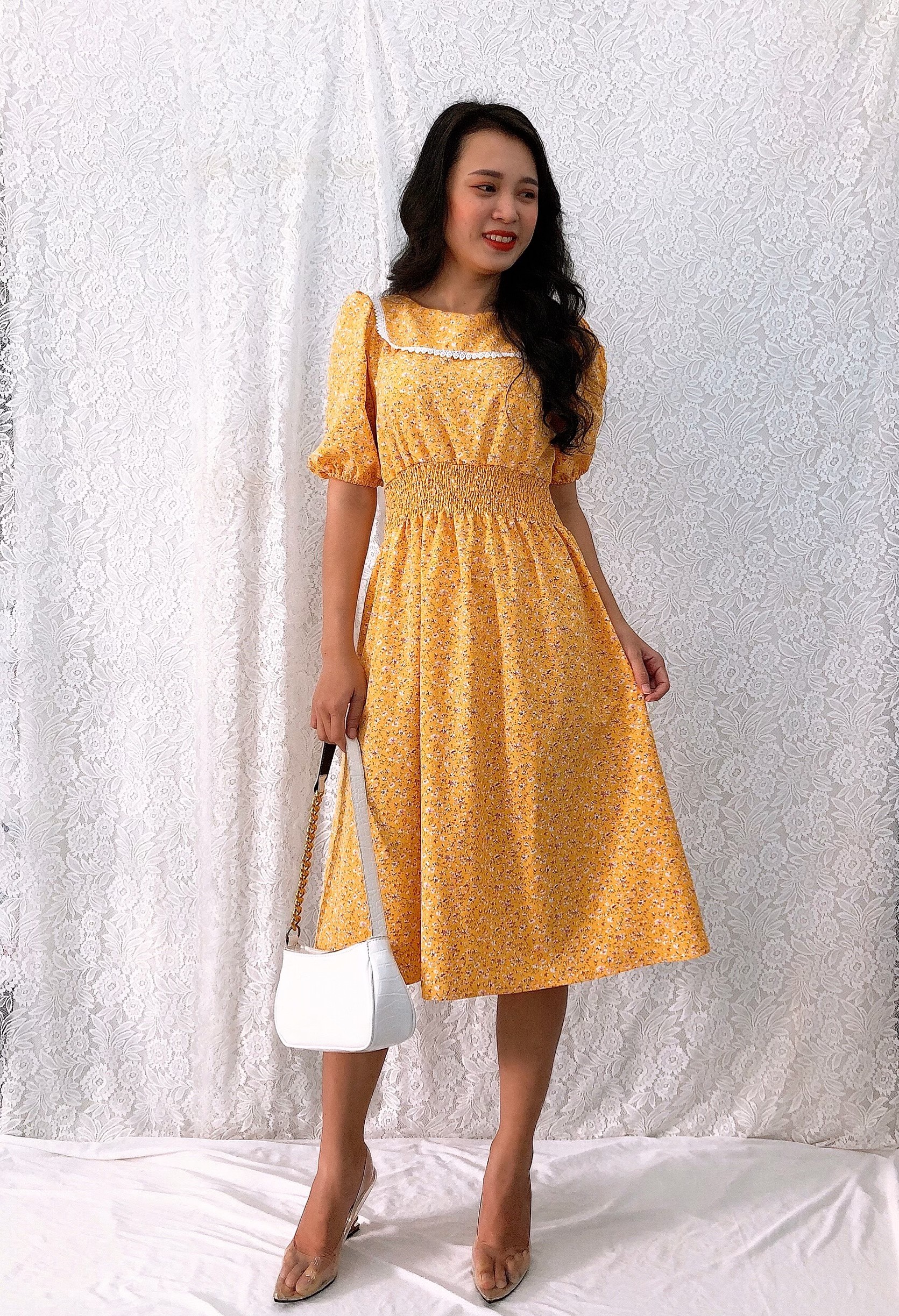 Đầm xòe dài hoa nhí S&M nhún thun eo, cổ phối ren siêu xinh, trẻ trung GR178