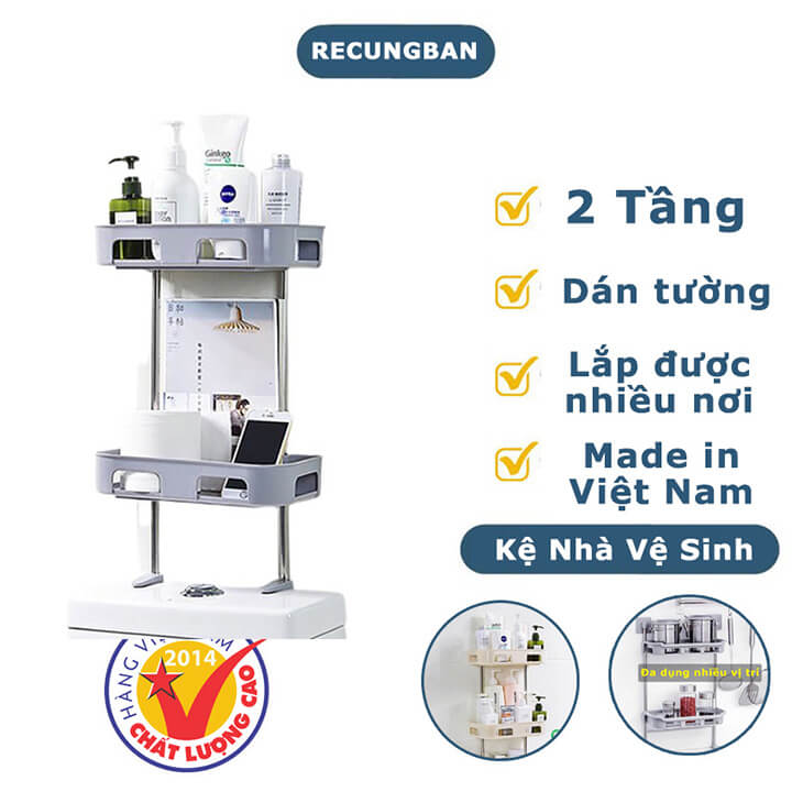 Kệ 2 tầng đa năng để trên bồn cầu nhà vệ sinh, kệ nhà tắm đa năng dán tường, kệ để gia vị nhà bếp 2 tầng