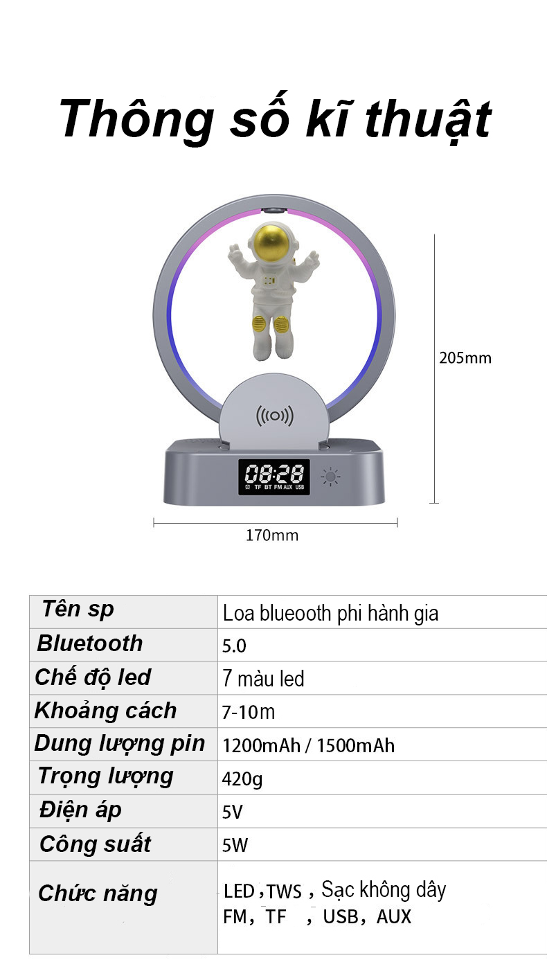 Loa bluetooth đa năng kiêm Sạc không dây, Đồng hồ, Đèn led RGB Astronaut in Space