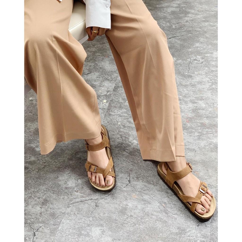 Sandal HuuCuong xỏ ngón da bò nâu đế trấu