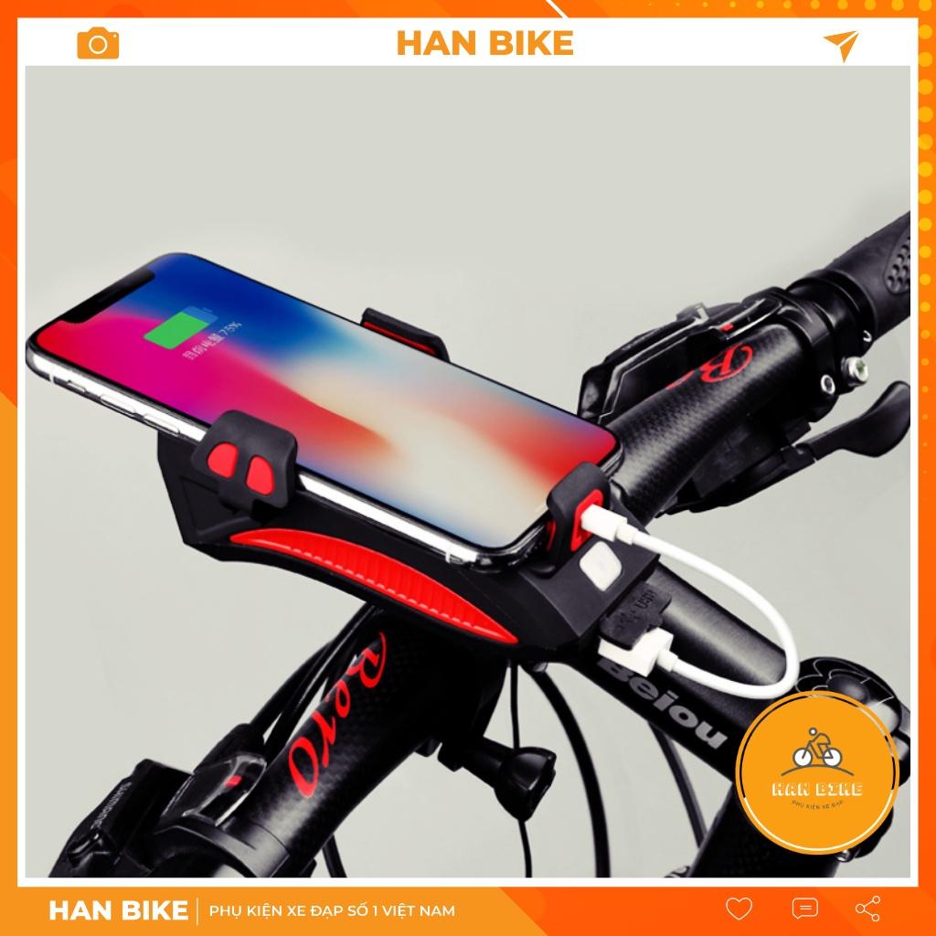 Đèn pin xe đạp thể thao HANBIKE siêu sáng chống nước kèm còi sạc usb có kẹp điện thoại tiện dụng có ảnh thật