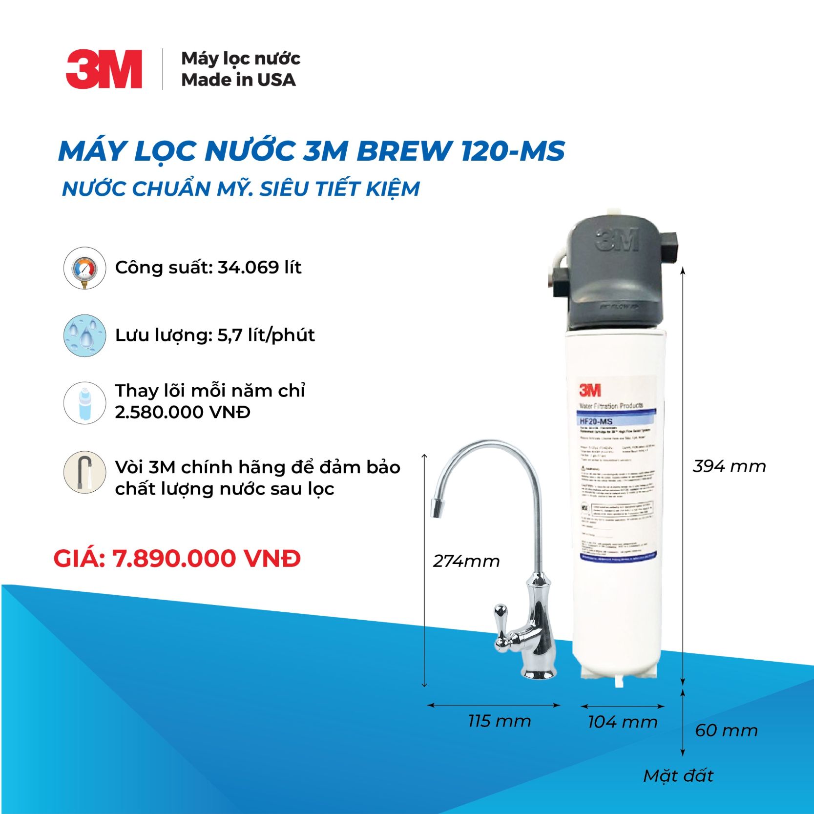 Máy Lọc Nước Lắp Dưới Bồn Rửa 3M BREW120-MS Kèm Vòi 3M - Không Điện - Hàng Chính Hãng