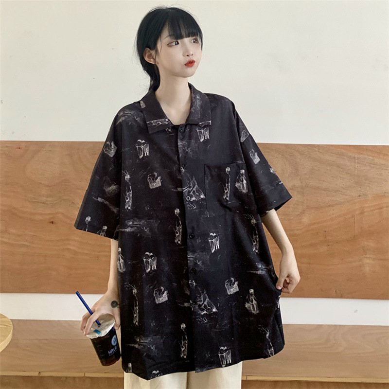 Áo sơ mi nữ ngắn tay form rộng họa tiết độc đáo mới lạ phong cách hotfrend chất voan lụa mềm mịn
