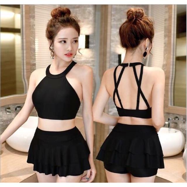 Bikini đi biển 2 mảnh váy quần short - Đồ bơi nữ áo yếm váy cạp cao 2 TẦNG che bụng- Shopnabi