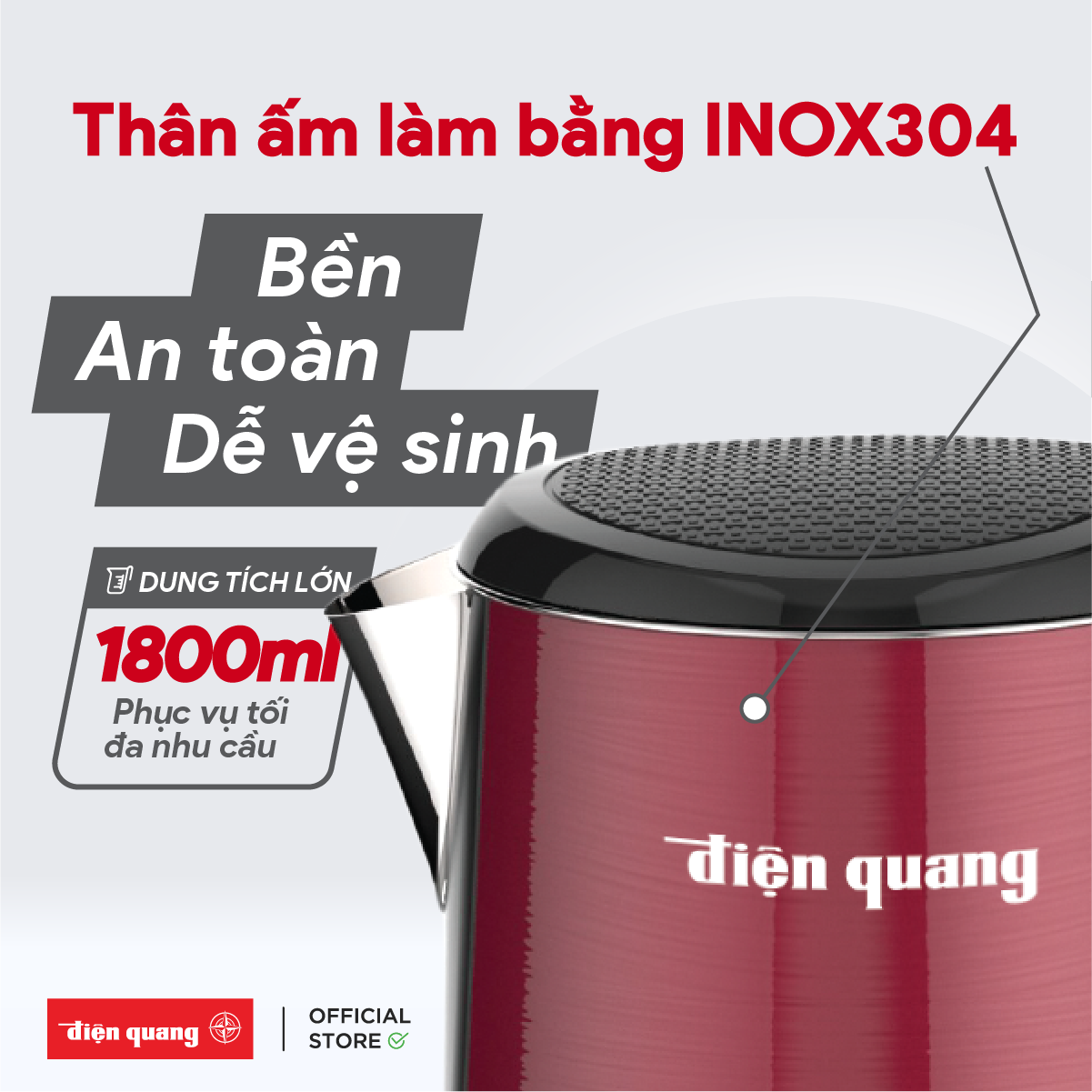 Ấm đun nước cao cấp Điện Quang ĐQ EKT08 1818 (1800W, 1.8L, inox 304, vỏ 3 lớp) - Hàng chính hãng