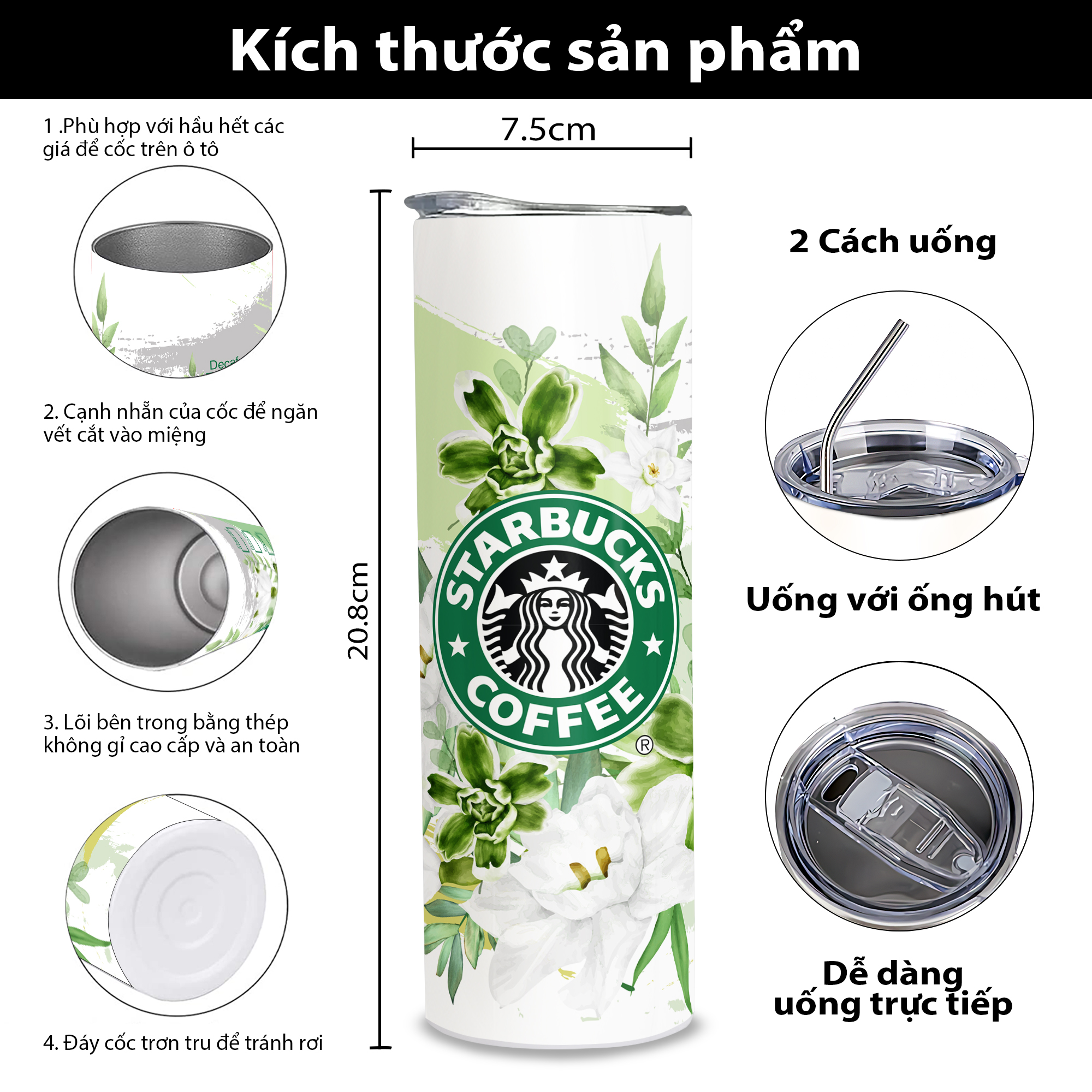 Bình Nước Starbucks Hoa - Bình Giữ Nhiệt Starbucks Hoa - Ly Starbucks Hoa - Bình Nước Giữ Nhiệt Starbucks Hoa 2 Lớp Thép Không Gỉ SUS304 - 600ml