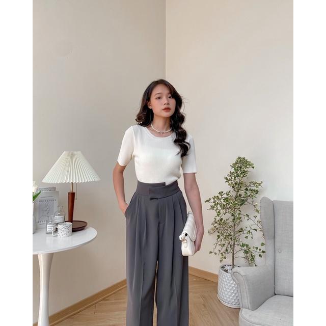 Quần culottes vải nữ cạp cao khuy chéo ống suông 74q06 by germe