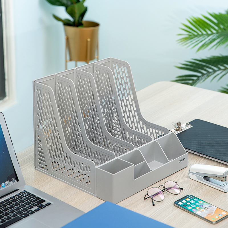 Set Giá Tài Liệu 4 Ngăn Kèm Hộp Bút Deli - Xanh Dương Xám Đen - 78981 - Xám