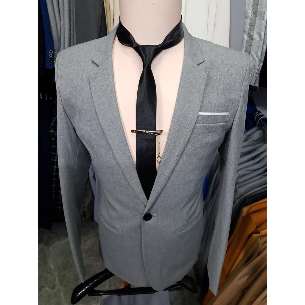 Bộ vest nam form ôm body màu xám ghi chất vải mềm mịn co giãn + cà vạt kẹp