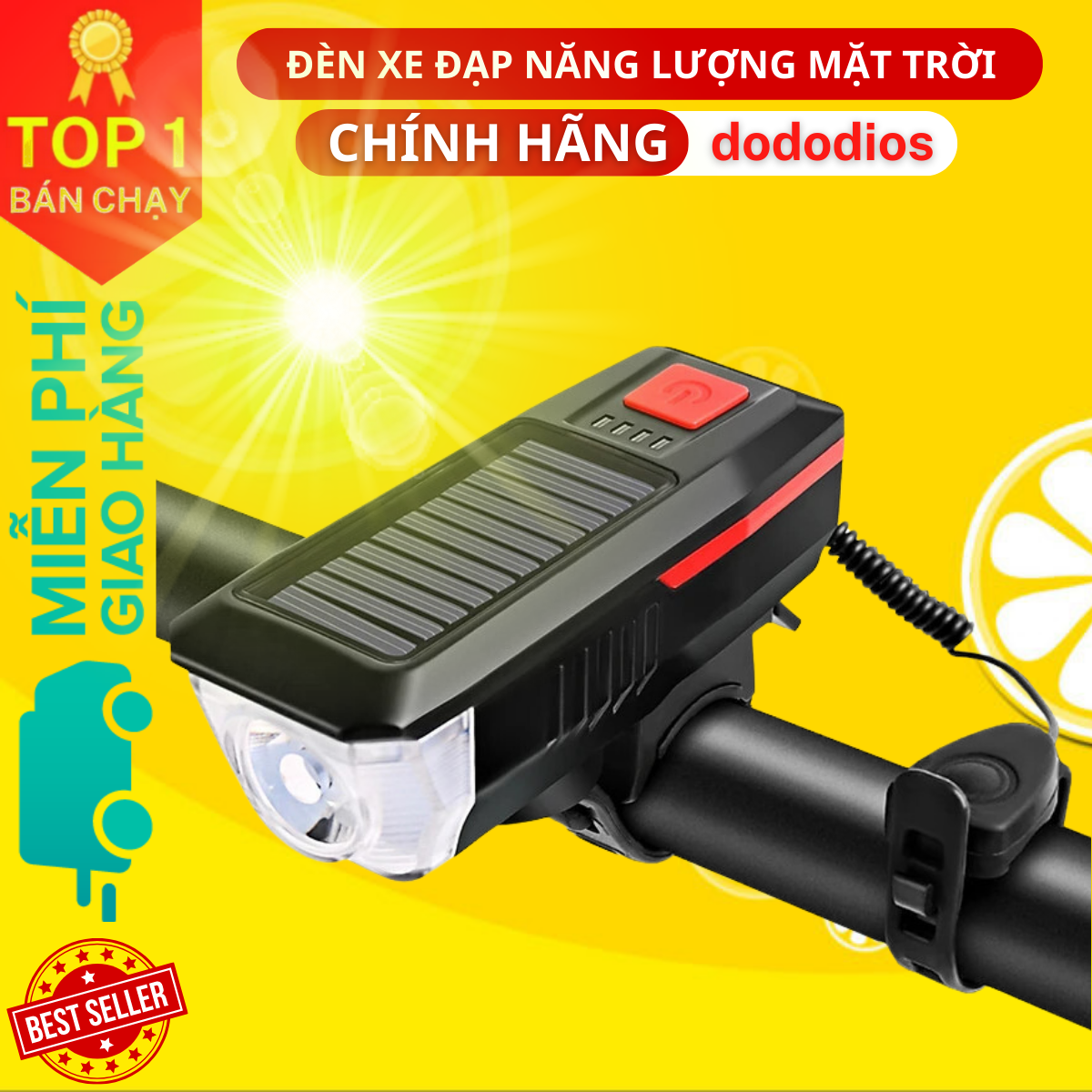 Đèn xe đạp năng lượng mặt trời có còi chống nước 3 chế độ sáng - Hàng chính hãng dododios