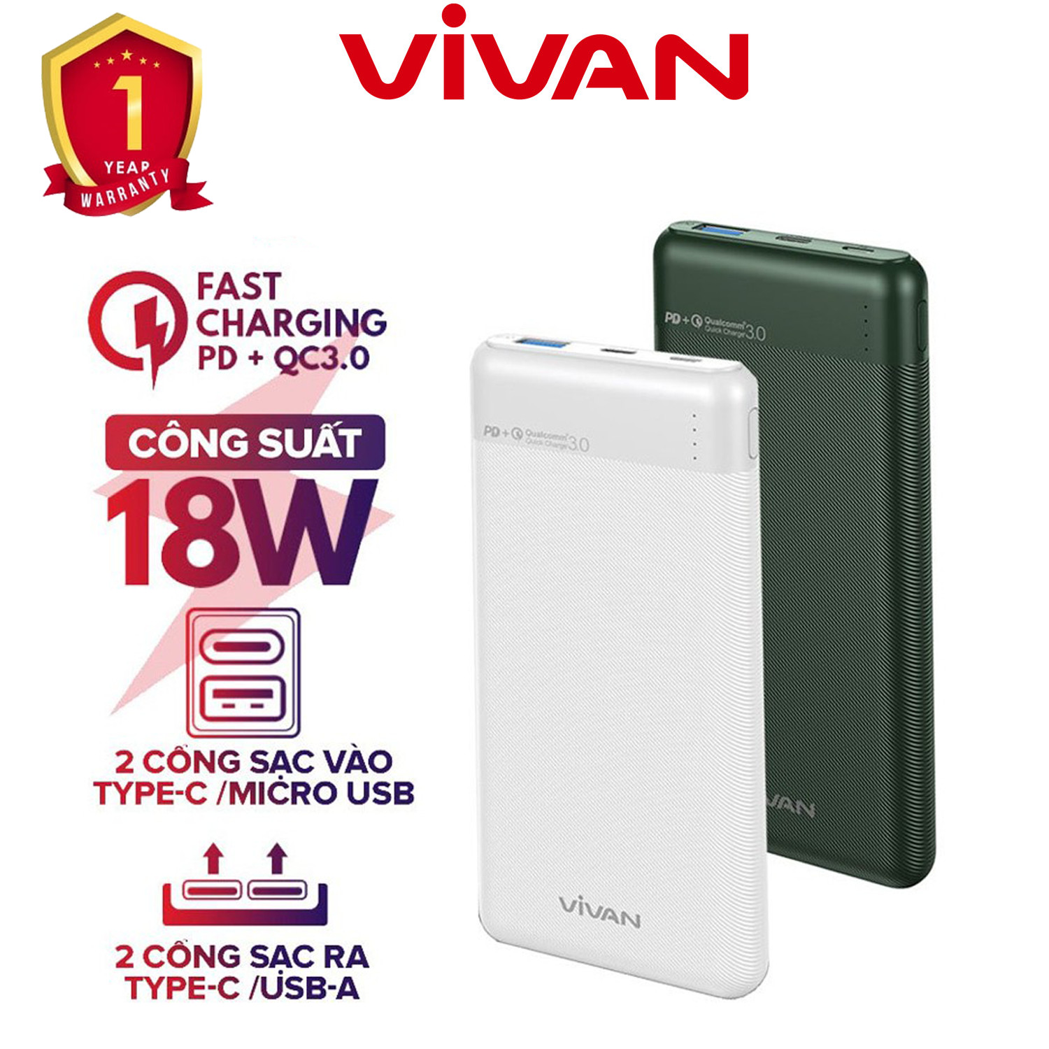 Pin Sạc Dự Phòng 10000mAh VIVAN VPB-M10 - Sạc Nhanh PD/QC 3.0 - Công Suất 18W - 2 Input 2 Output - Hàng Chính Hãng