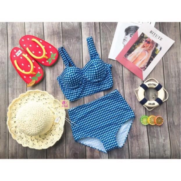 Bộ bikini đi biển cao cấp kẻ caro xanh lam