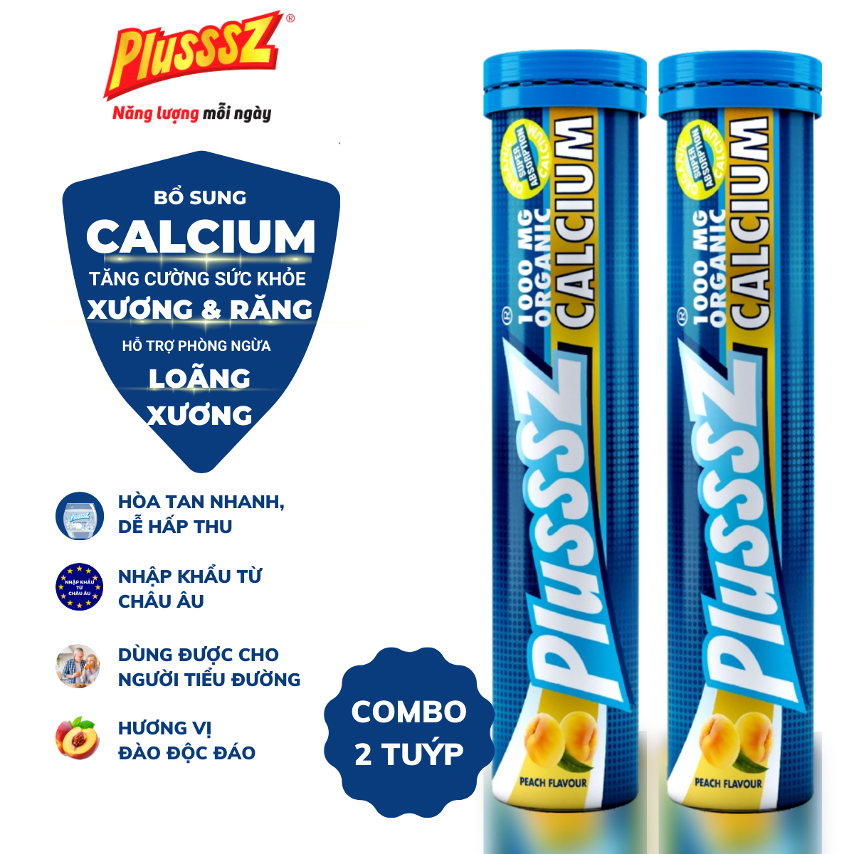 Viên sủi Plusssz Calcium vị Đào và chanh dây không Đường bổ sung canxi dạng hòa tan, dễ hấp thu hỗ trợ sức khỏe xương và răng, hỗ trợ ngăn ngừa loãng xương