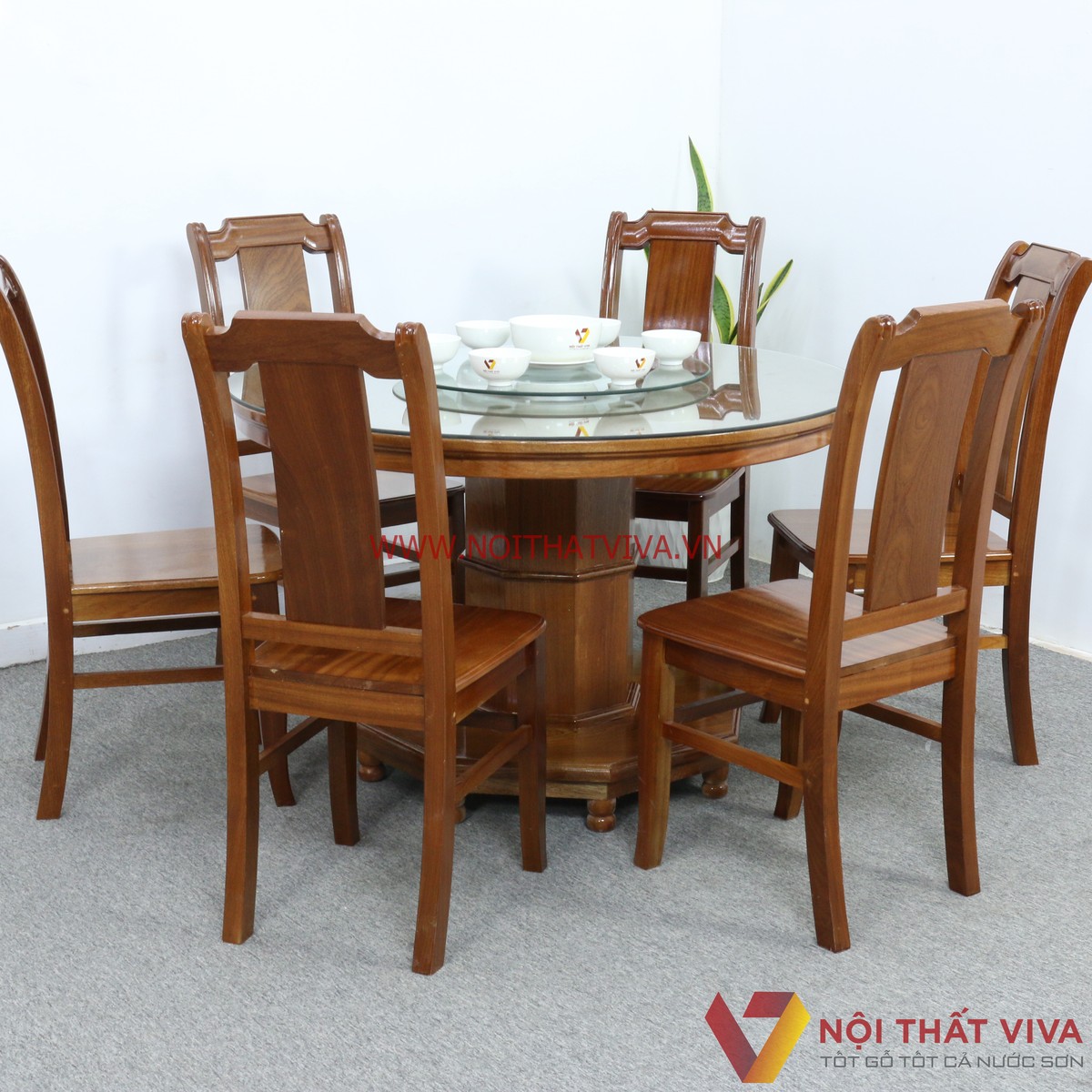 Bộ Bàn Ăn Gỗ Xoan Đào Tròn Mâm Xoay Cao Cấp