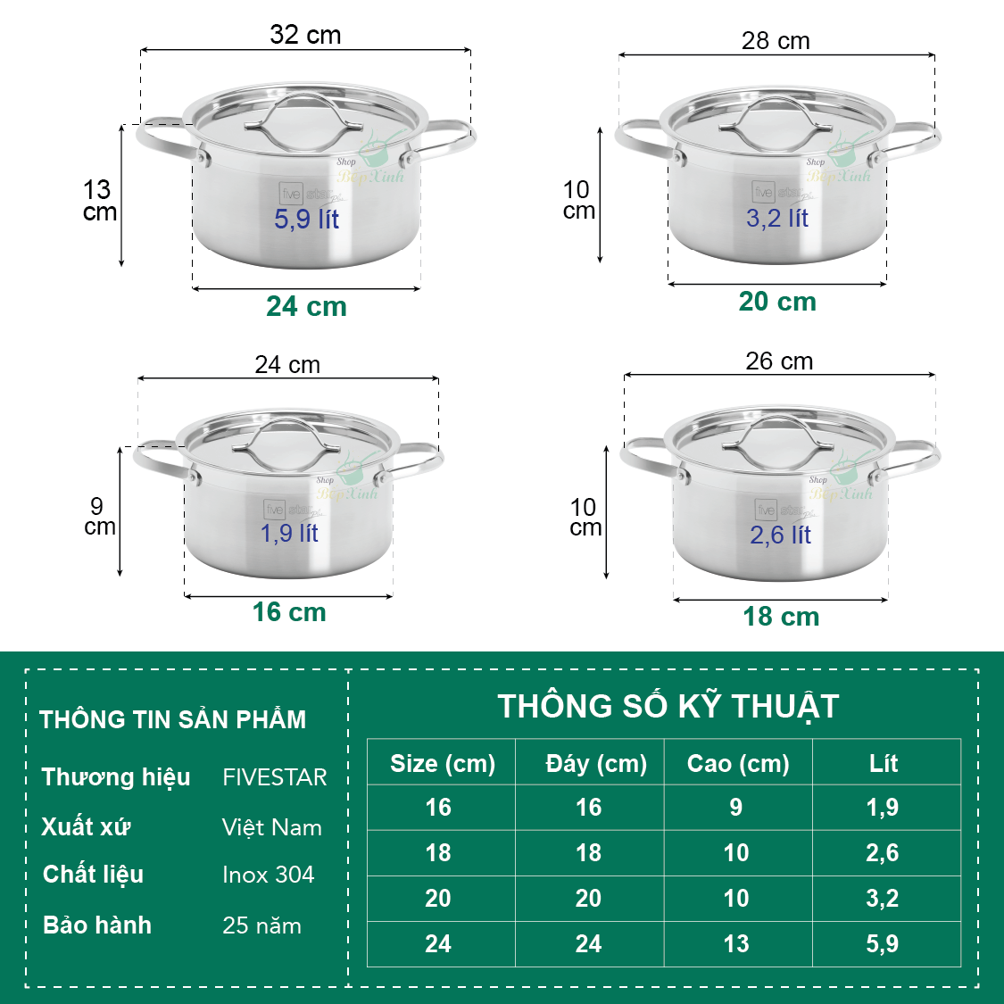 Bộ nồi 3 lớp đáy liền inox 304 bếp từ cao cấp Fivestar Plus nắp inox tặng 1 chảo chống dính vân đá Fivestar 22cm