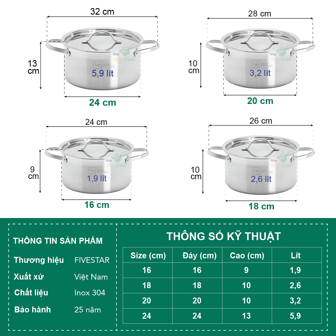 Bộ nồi 3 lớp đáy liền inox 304 bếp từ cao cấp Fivestar Plus nắp inox tặng 1 chảo chống dính vân đá  Fivestar 22cm