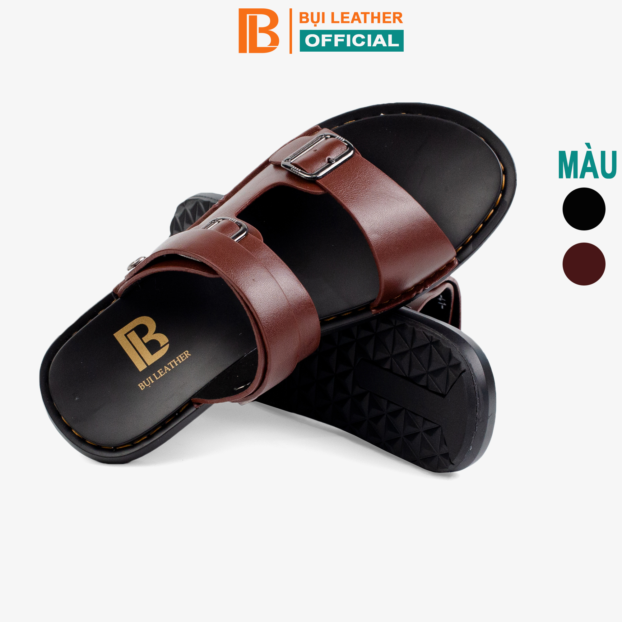 Dép Nam Quai Ngang Da Bò Nappa Cao Cấp Bụi Leather E101 - Đế Cao Su Đúc Nguyên Khối, Chống Trơn Trượt - 41 - Nâu