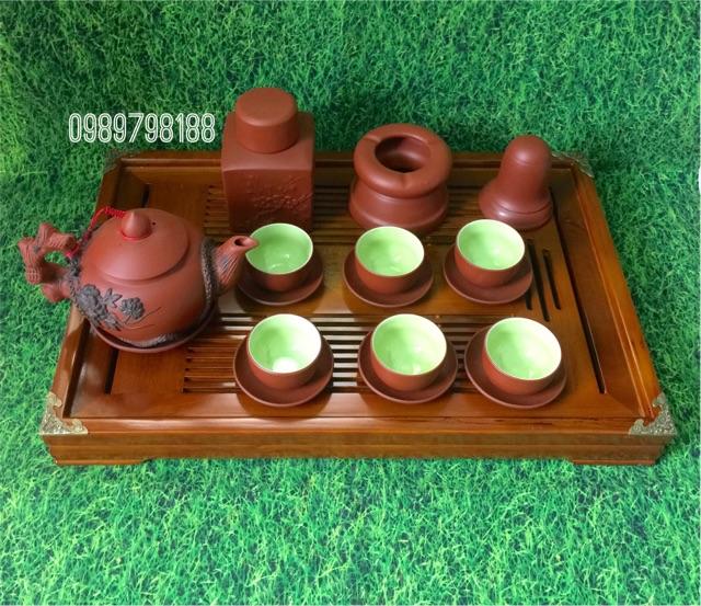 Bộ ấm chén tử sa phù dung đắp nổi Gốm sứ Bát Tràng cao cấp đủ phụ kiện kèm khay gỗ