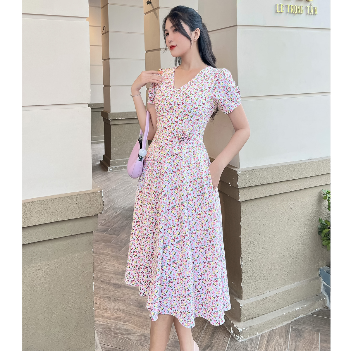 [HCM] Đầm xòe hoa nhí gắn hoa eo dễ thương D090 - Lady fashion