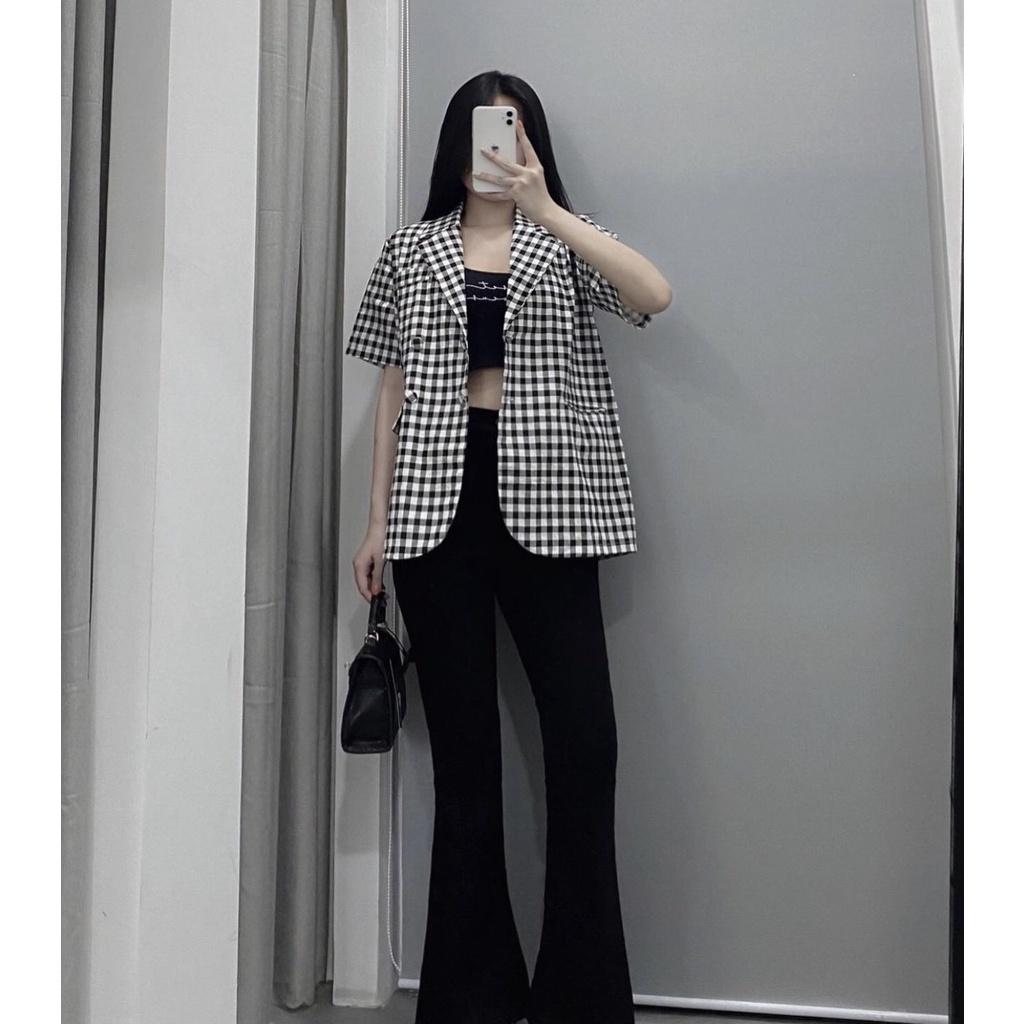 Áo BLAZER nữ TAY NGẮN túi nắp, áo vest khoác ngoài họa tiết caro, áo vest 1 lớp style Hàn Quốc