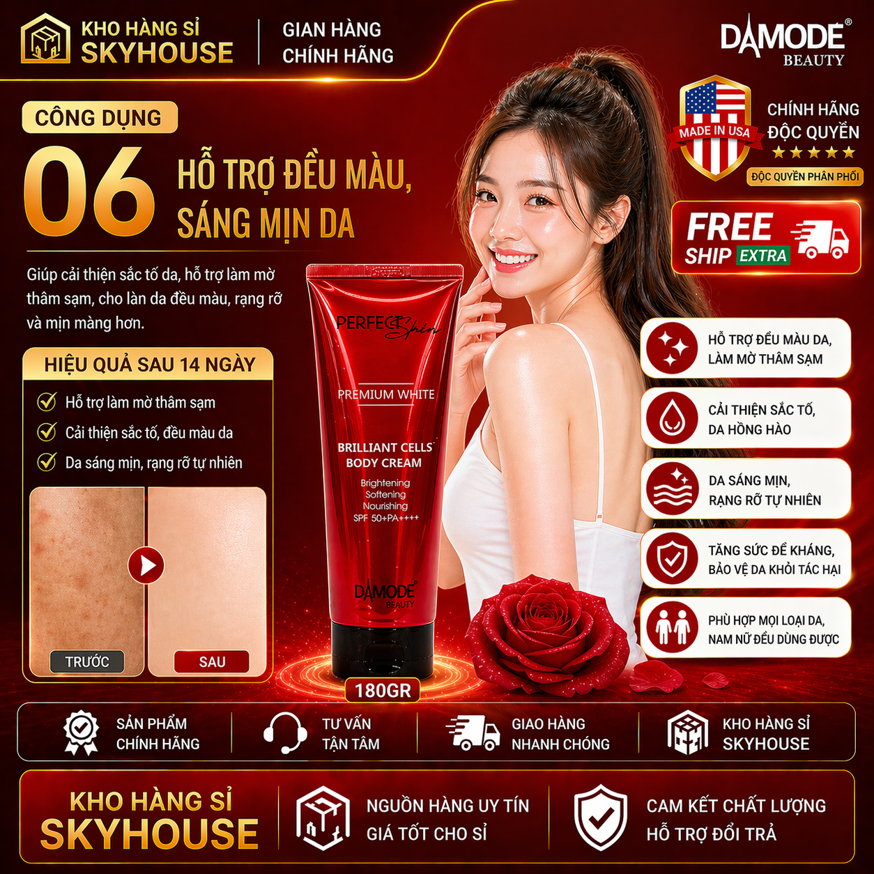 Kem body trắng da BRILLIANT CELLS DAMODE chai 180gr kem body dưỡng ẩm đều màu da chính hãng