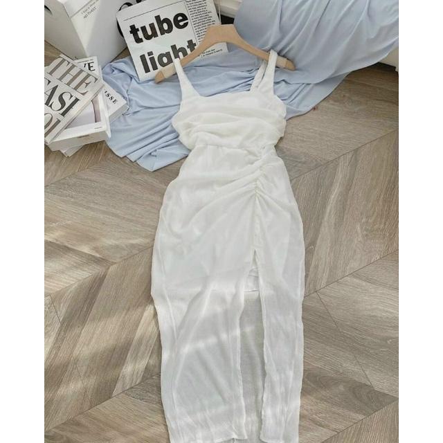 Đầm trắng 2 dây rút xẻ lai