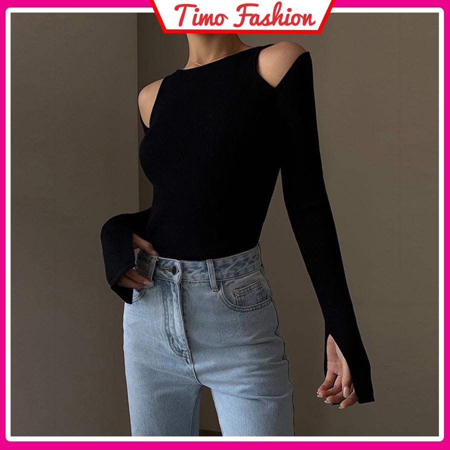 Áo thun tay dài nữ, áo thun nữ croptop khoét hở vai ống tay xẻ loe, form ôm body phong cách Hàn Quốc sexy quyến rũ AO014