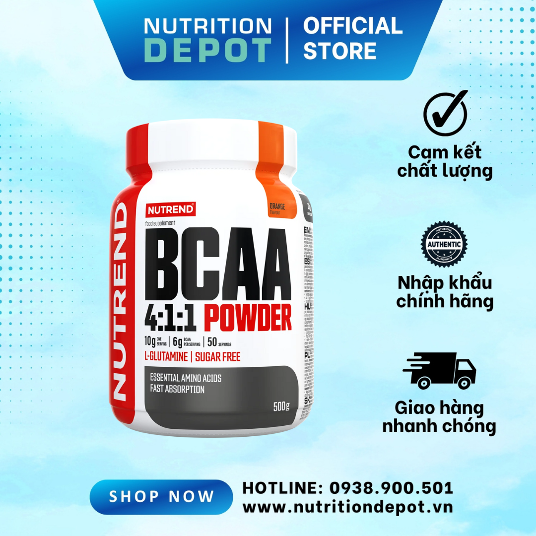 Thực phẩm bổ sung phục hồi cơ bắp Nutrend BCAA 4:1:1 Powder vị Cam (Hộp 500g) - Nutrition Depot Vietnam